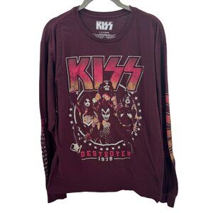 Kiss Burgundy Long Sleeve Band Tee Shirt Destroyer 1976 Women's Size Large 100%